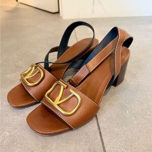 Valentino Brown Leather Slingback Block Heel Sandals with Gold Logo